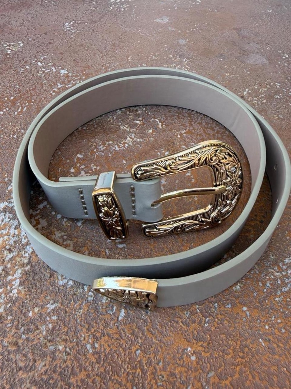Grey faux leather belt with gold buckle and floral design #western #cowboy 36.5 - Picture 2 of 5